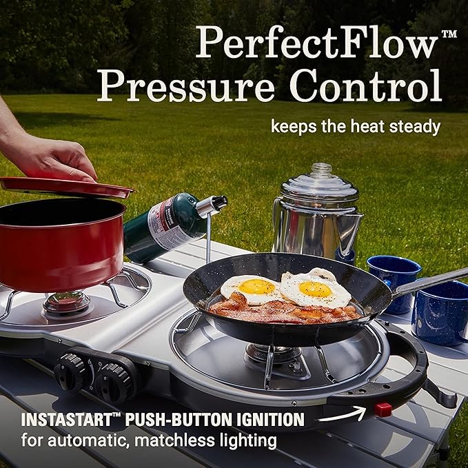 Coleman Fold ‘N Go 2-Burner Propane Stove Dual Adjustable Burners with 20000 BTUs of Power &amp InstaStart Ignition Great for Camping Tailgating Grilling &amp More