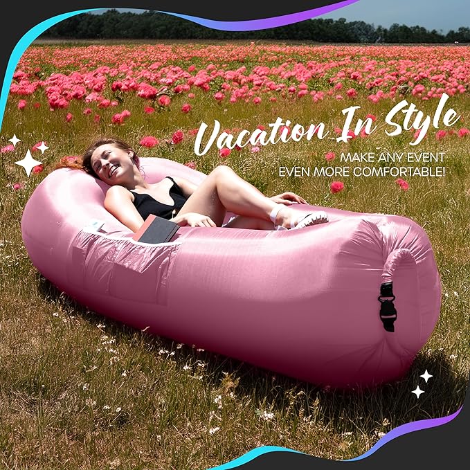 Nevlers Bubblegum Pink Inflatable Lounger | No-Pump Air Couch | 210T Polyester Outdoor Couch for Use as Portable Hammock &amp Beach Chairs | Blow Up Chair w/ 450 lbs. Capacity Pockets &amp Carry B