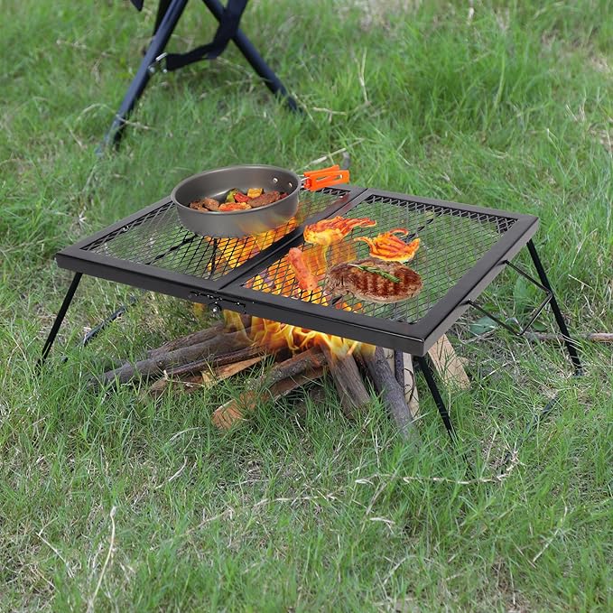 REDCAMP Folding Campfire Grill Heavy Duty Steel Grate Portable Over Fire Camp Grill for Outdoor Open Flame Cooking Large