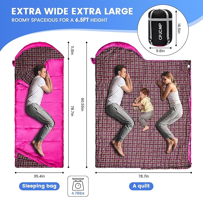 0 Degree Sleeping Bag for Cold Weather100% Cotton Flannel XXL for Adults Big and Tall Cold Weather Winter Zero Degree CampingFree Compression Sack