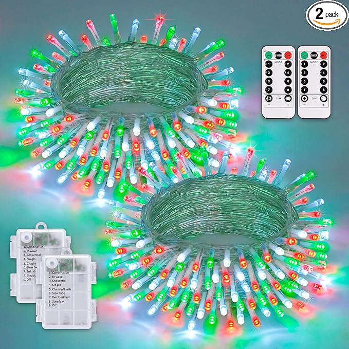 JMEXSUSS 2 Pack Red White and Green Christmas Lights Battery Operated Each 33ft 100 LED Battery String Lights with Remote Christmas String Lights for Tree Bedroom Porch Garland Yard Xms Decor
