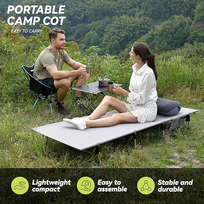 MARCHWAY Lightweight Folding Tent Camping Cot Bed with Lever Lock Easy Setup Portable Compact for Outdoor Travel Hunting Hiking Motorcycling Support 330Lbs (Grey)
