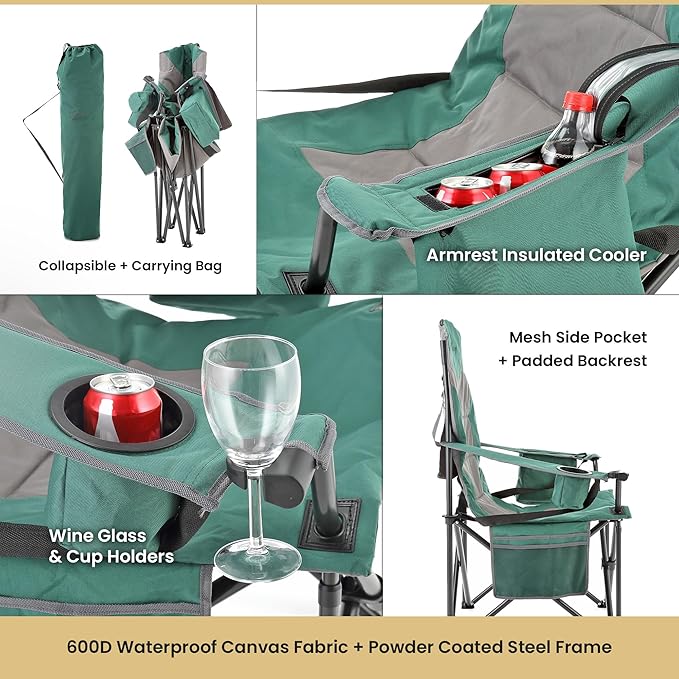 ARROWHEAD OUTDOOR Oversized XXL Portable Folding Camp Chair w/Glass &amp Cup Holders Armrest Cooler Carry Bag 600 lbs Max Weight Load