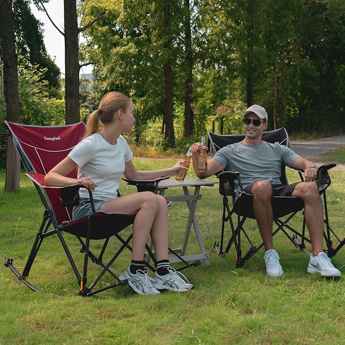 SUNNYFEEL Oversized Folding Rocking Camping Chair with Buckle Design 2 Pcak Outdoor Rocker High Back Lawn Camp Rocker Chair with Cup Holder 500 LBS for Outdoor/Camping/Lounge/Patio with Carry Bag