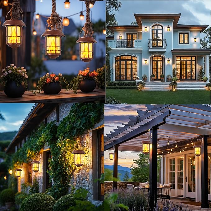 Otdair Solar Lanterns Outdoor Waterproof 2 Pack Flickering Flames Wall Garden Decor with Glass Shade Hanging Solar Lights Wall Mount Decorations for Halloween Front Porch Patio Yard Bronze