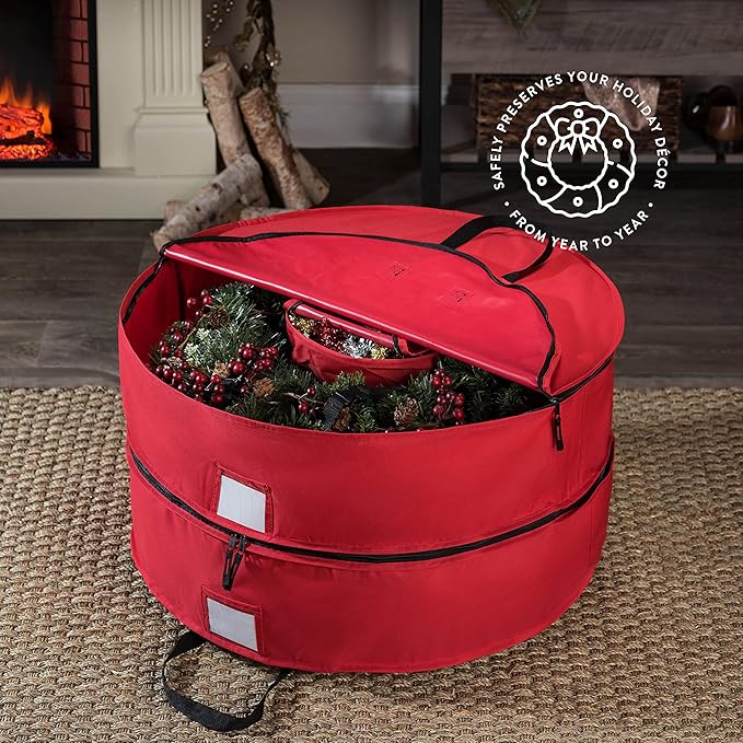 ZOBER Christmas Wreath Storage Container 30 Inch - Wreath Bag Fits 2 Wreaths Box - 600D Oxford Fabric - Interior Compartment for Storing Garlands Wreaths Storage Bag W Strong Durable Handles - Red