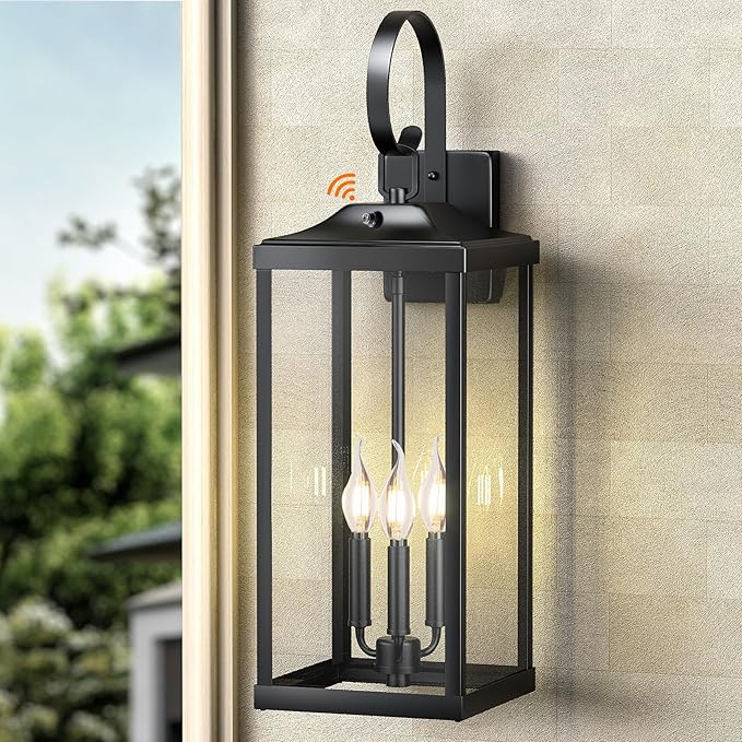 24 Extra Large Dusk to Dawn Outdoor Wall Light Black 3-Light Waterproof Exterior Wall Mount Porch Lantern Modern Outside Wall Sconce Coach Light with Clear Glass E12 1-Pack
