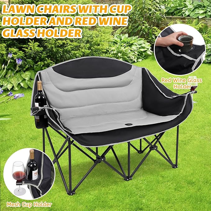 UBALANCE Double Camping Chair for Adults - Heavy Duty 650LBS Portable Camping Chairs Oversized Camping Loveseat Folding Camping Chair for Garden Lawn Sport Picnic Beach Fishing (Gray)