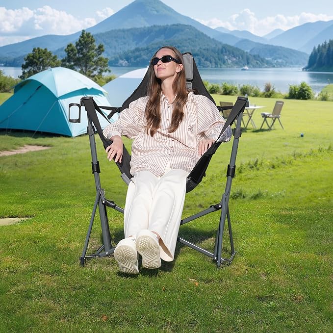 Hammock Camping Chair 3 Heights Swinging Chair with Adjustable Backrest Folding Rocking Chair with Head Pillow&ampCup Holder Outdoor Chairs for Camping and Hiking Supports 350lbs Black