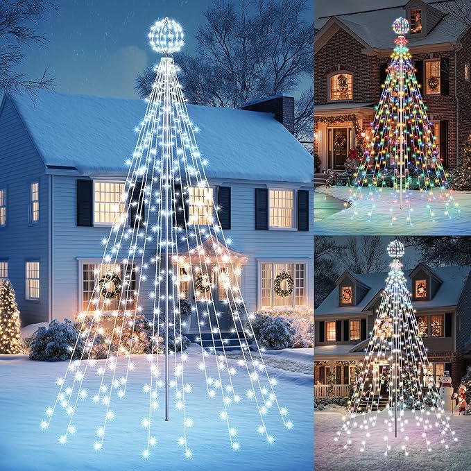 Flacchi Christmas Outdoor Star String Lights - Pole Set with Remote Multiple Lighting Modes Timer and Waterproof Feature (Cool White &amp Multicolor Ball 10 FT/432 LED)