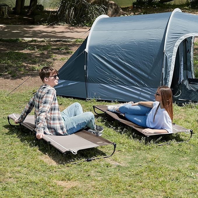 TIMBER RIDGE 20-Second Quick Set-Up Camping Cot Lightweight Aluminum Folding Cot with Zipper Closure Portable Carry Bag Included for Camping Travel and Outdoors Support up to 225lbs Tan 2pcs