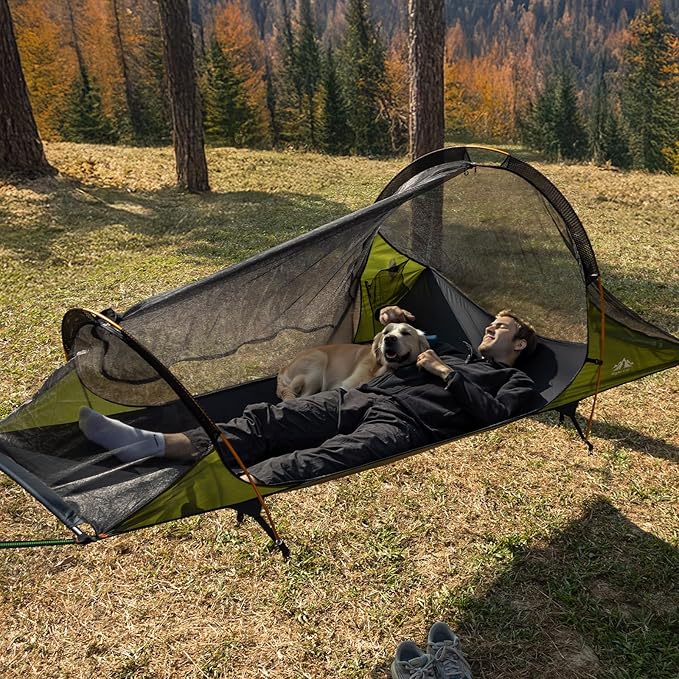 Night Cat Flat Lay Hammock Tent: Portable Lightweight Camping Hammock with Mosquito Net Waterproof Rainfly for 1 Person Outdoor Camping Green