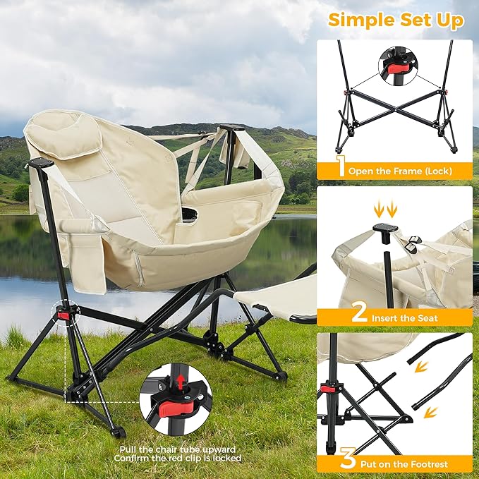 Ainfox Hammock Camping Chair with Footrest Foldable Portable Rocking Chairs for Adults Outside Swinging Camp with Cup Holder Pillow for Outdoor Patio Poolside (Beige)