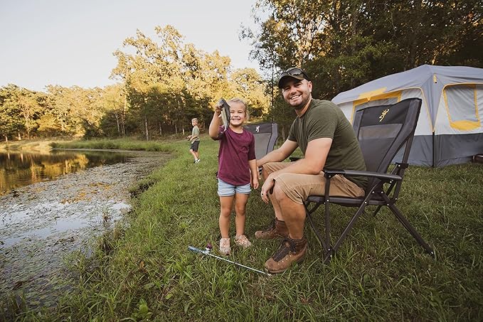 Browning Folding Camping Chairs for Adults - Durable Mesh Fabric Over Sturdy Powder Coated Steel Frame Armrests Cup Holder and Shoulder Carry Bag