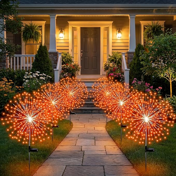 6 Pcs Easter Solar Firework Stake Lights 180 LED 8 Modes Solar Waterproof LED Sparkler Lights Outdoor Decoration for Easter Day Xmas Holiday Garden Patio Yard Pathway Walkway Orange
