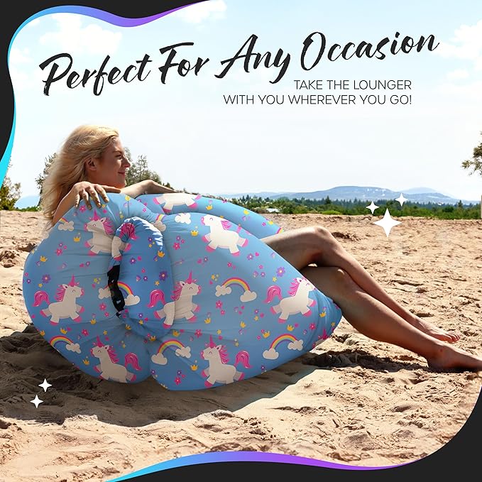 Nevlers Inflatable Lounger – Unicorn | 210T Polyester No-Pump Blow Up Couch Air Lounger | Portable Inflatable Couch for Camping Beach Festivals &amp More | 450 Lbs. Cap Air Chair w/Pockets &amp Ca