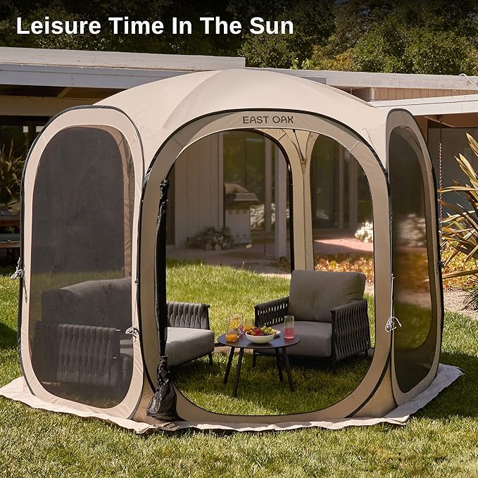 East Oak Screen House Tent Pop-Up Portable Screen Room Canopy Instant Screen Tent 10 x 10 FT with Carry Bag for Patio Backyard Deck &amp Outdoor Activities Brown