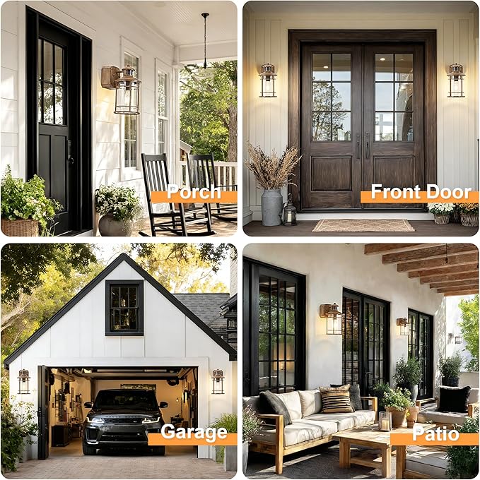 OKELI Upgraded Porch Lights with GFCI Outlet-Motion Sensor &amp Dusk to Dawn Outdoor Light Fixture3 Lighting Modes Waterproof Anti-Rust Faux Wood Grain Outdoor Lights for House Porch Garage (2 Pack