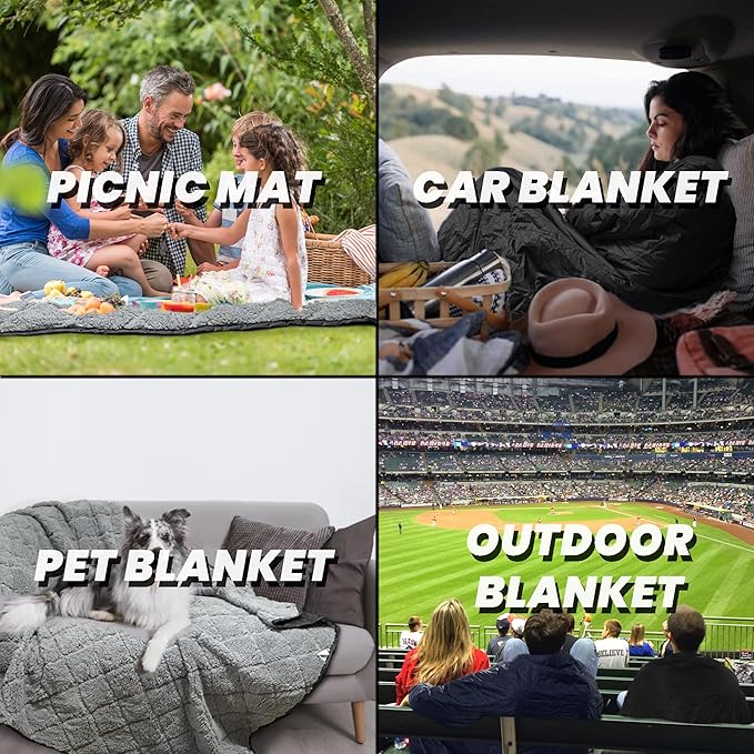 Waterproof Outdoor Blanket 82”X 55” Packable Stadium Blankets for Camping with Sherpa Fleece Lining Large Windproof Emergency Throw for Garss Picnic Hiking Road Trip Machine Washable Black 300GSM
