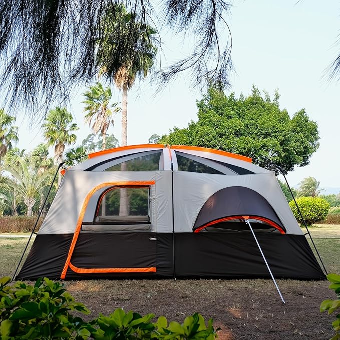 KTT Extra Large Tent 10-12-14 Person(Style-B)Family Cabin Tents2 Rooms3 Doors and 3 Windows with MeshStraight WallWaterproofDouble LayerBig Tent for OutdoorPicnicCampingFamily Gathering