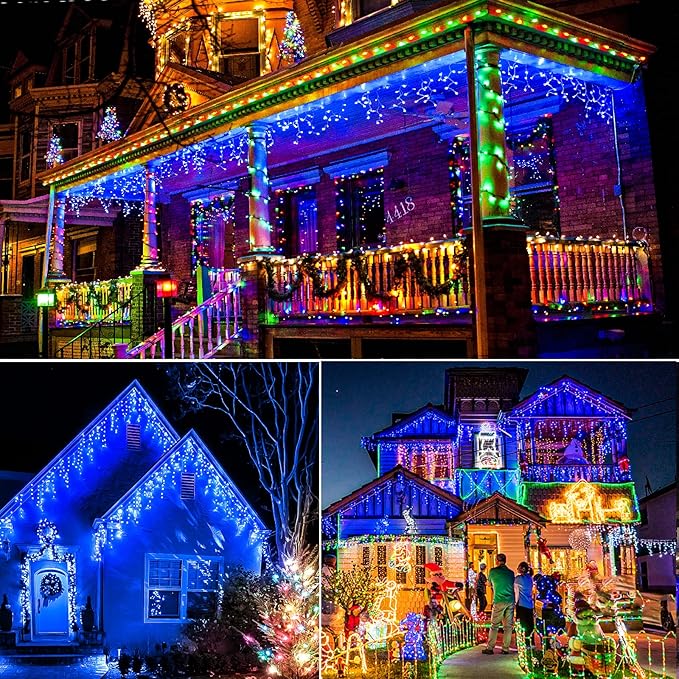 Icicle Christmas Lights Outdoor 99ft 1216 LED Icicle Lights for Outside 8 Modes with 228 Drops Waterproof Plug in Blue Christmas Light for House Indoor Party Holiday Wedding Halloween Decorations