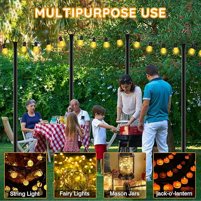 4 Pack String Light Poles Outdoor String Light Pole 10ft Forked Metal Light Pole with Adjustable Outdoor Light Stand Deck Backyard Garden Wedding Rustproof and Sturdy with Hooks