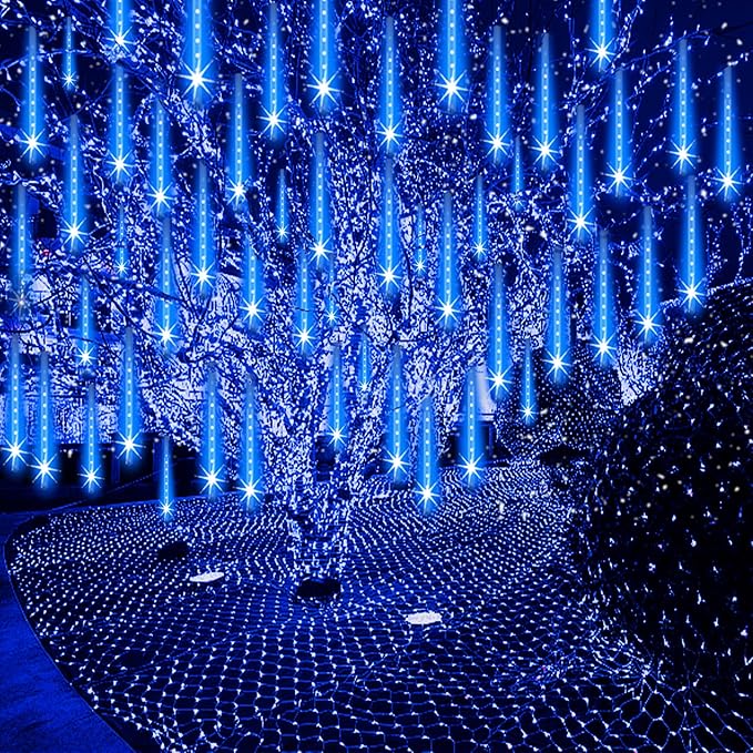 Christmas Lights Outdoor Meteor Shower Lights 24-Tube 576LEDs Snow Falling Rain Cascading Icicle Light for Xmas Tree Christmas Decorations Wedding Party Holiday Garden Decor UL Plug Blue