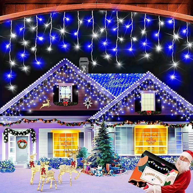 XURISEN 66ft Christmas Lights Decorations Outdoor 640 LED 8 Modes Curtain Fairy Lights with 120 DropsPlug in Waterproof Timer Memory Function for Christmas Holiday Wedding Party Decor(Blue+Cool)