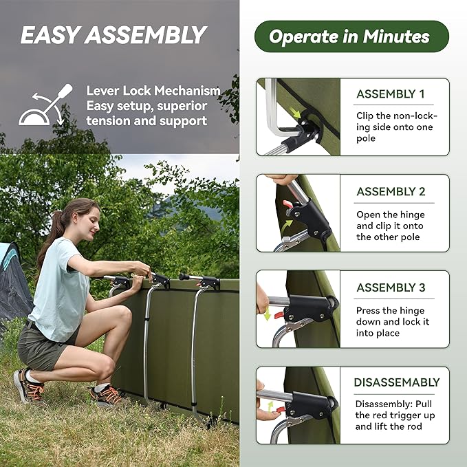 MARCHWAY Lightweight Folding Tent Camping Cot Bed with Lever Lock Easy Setup Portable Compact for Outdoor Travel Hunting Hiking Motorcycling Support 330Lbs (Army Green)