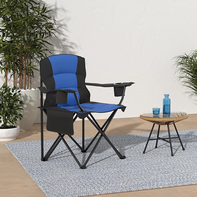 Oversized Camping Chair Folding Heavy Duty Quad Outdoor Large Lawn Chairs Portable Support 400 lbs Padded Thicken Oxford with Armrests Storage Bag Cup Holder Carry Bag for Outside(Blue)