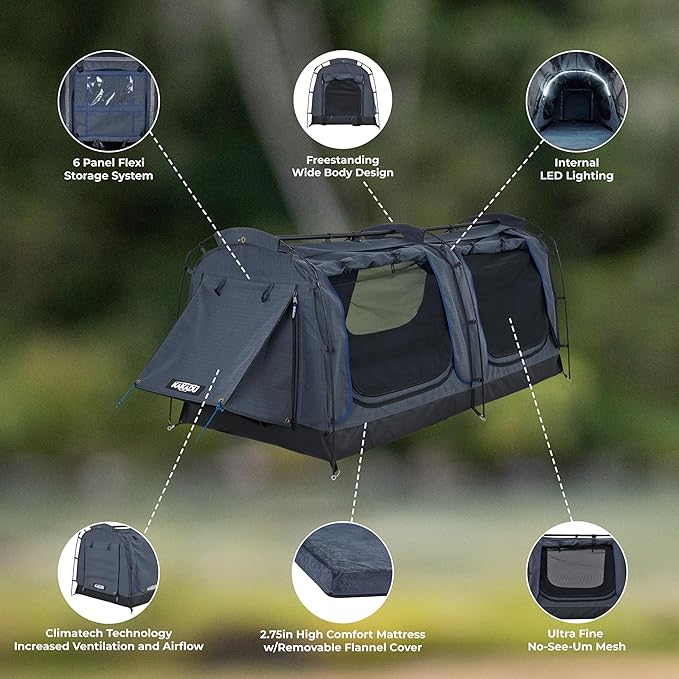 Kakadu Canvas Swag Tent 1 Person Australian Polycotton Camping Ground Tent All Seasons Waterproof with 2.75” Foam Mattress LED Lighting Carry Bag