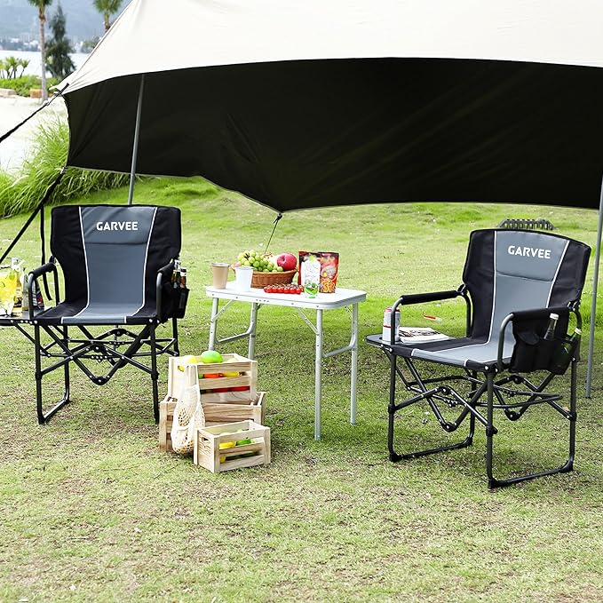 GarveeLife Oversized Directors Camping Chair Portable Folding Chair for Adults Support 400 lbs Heavy Duty Lawn Chair with Side Table for Camping Sports Picnic Beach Fishing (1 PCS Black)