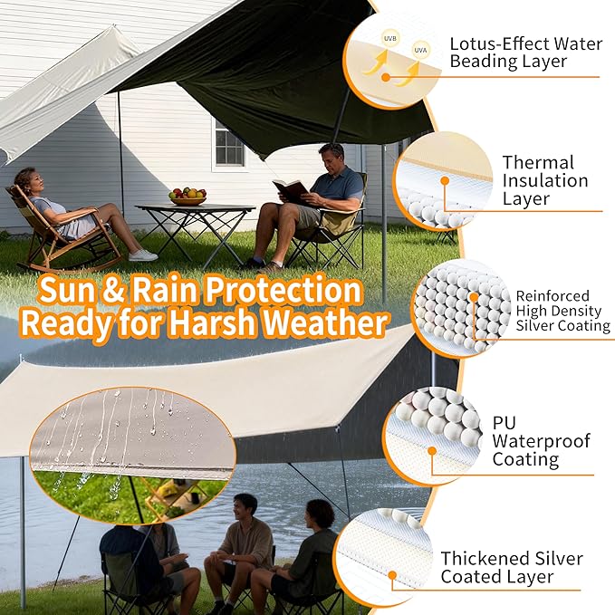 Hexagon Silver Camping Tarp Rain Fly Tarp Camping Canopy Lightweight Ripstop Fabric - UPF50+ Sun Shelter Waterproof &ampWindproof Beach Tent (118x118in Sand Gold Blackout Fabric)