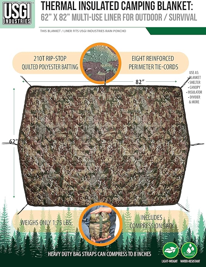 USGI Industries Military Woobie Blanket | Thermal Insulated Camping Blanket Poncho Liner | Large Portable Insulation Water-Resistant for Hiking Survival | Compression Carry Bag
