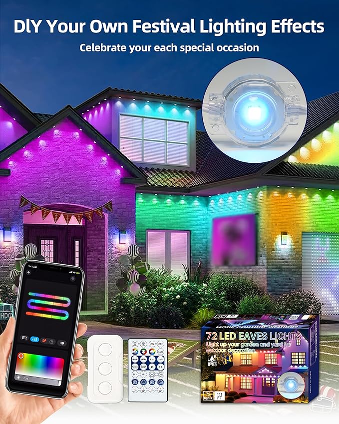 Permanent Outdoor Lights 111ft with Smart 72 LED Light with App Control DIY Scene Modes IP65 Waterproof Christmas Outdoor Lights Outside Roofline Decor Garden Decor Party Holiday Xmas