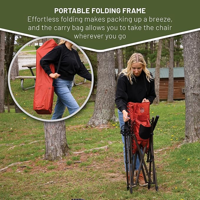 Timber Ridge Bungee Folding Camping Chairs for Adults Heavy Duty Collapsible Padded Chair with Armrests Cup Holder Foldable Outdoor Lounge Chairs for Beach Fishing Lawn Supports 300 lbs Red