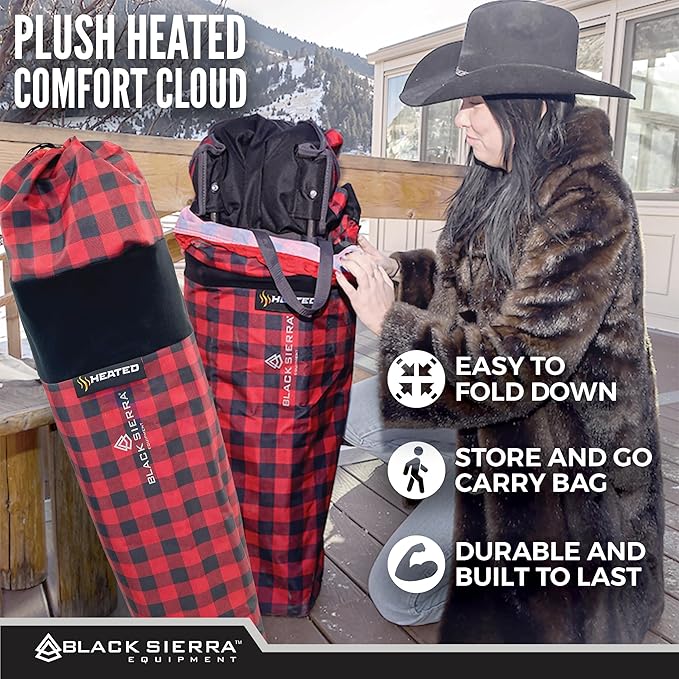 Black Sierra Heated Fleece Camping Chair for Adults Oversized Outdoor Seat with Plush Padding Supports 400lbs Cup Holders and Carry Bag Heavy Duty Folding Chair for Tailgating or Patio