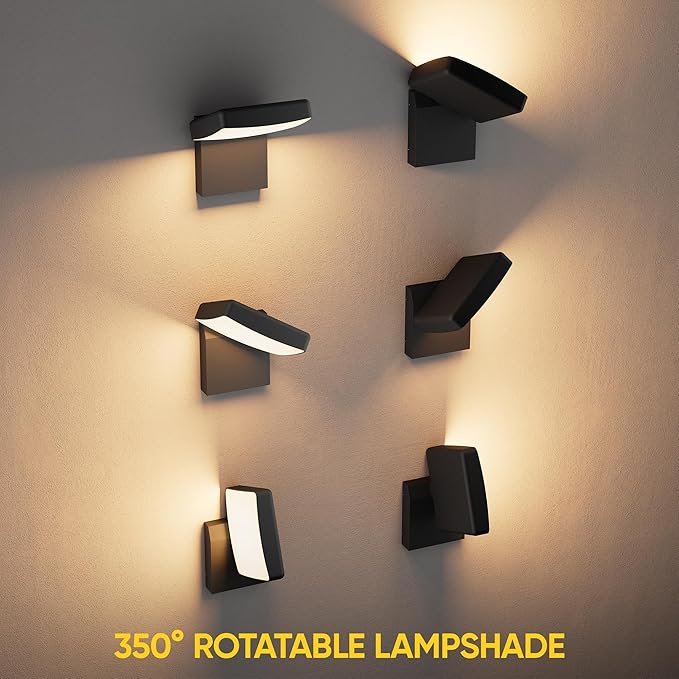 LED Rotatable Outdoor Wall Light 2-Pack 350° Adjustable Head Modern Porch Light for House Garage Patio 2700K Warm White IP65 Waterproof Matte Black Aluminum Modern Sconce