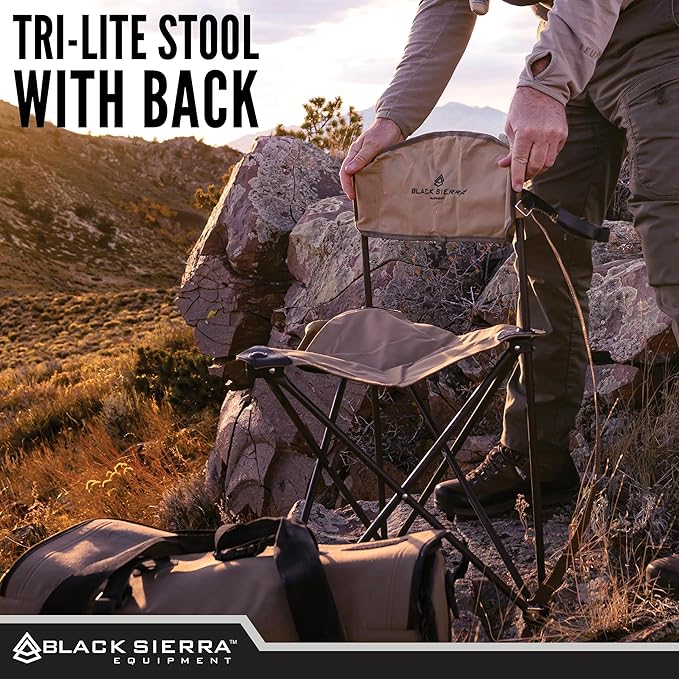 Black Sierra Tri-Lite Stool with Back Lightweight Folding Chair for in the Hunting Blind Camping and Fishing Steel Frame Supports 225 LBS