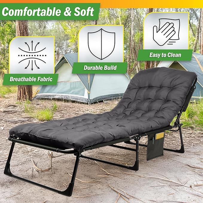 Folding Camping Cot with Mattress for Adults up to 440lbs - Heavy Duty Foldable Bed with Removable Cot Mattress and 3 Recline Positions for Travel Camp Beach or Guest Bed by Wakeman Outdoors (Gray)