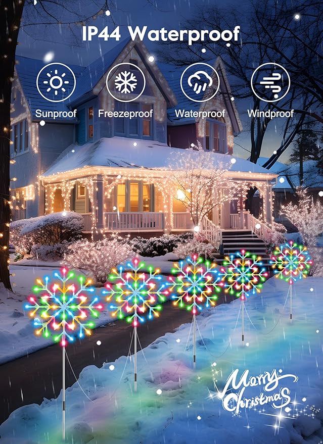 Brightown Snowflake Lights Outdoor 10 Large Snowflake Christmas Pathway Lights Outdoor Christmas Decorations Yard Sidewalk Walkway Driveway Marker Stake Multicolor