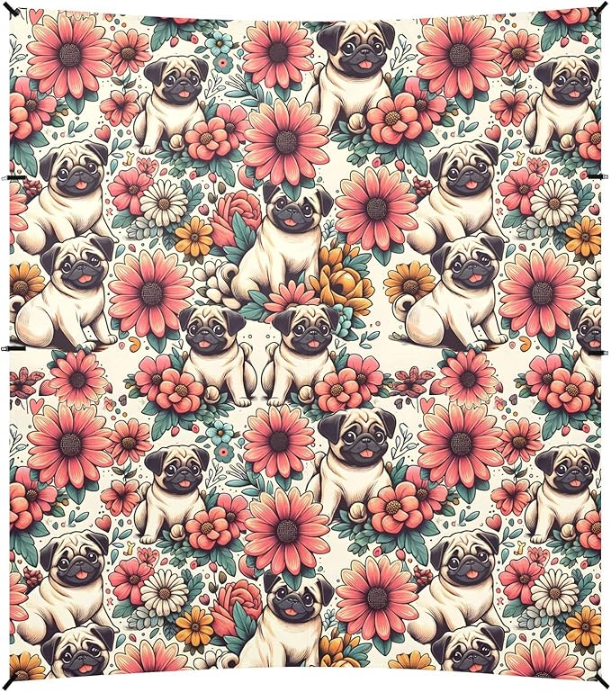 Camping Sun Shelters Pattern with Pugs and Flowers Beach Canopy 126 * 110.2in