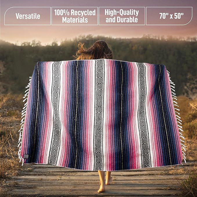 Hydration Nation Authentic Large Handwoven Mexican Blanket - Soft Yoga- Durable Serape- Lightweight Falsa Beach Camping Picnic Outdoor Blanket 70x50 - Rose Pastel