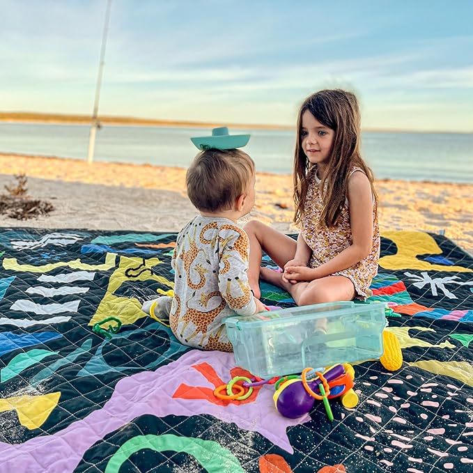 Rudie Nudie Jumbo Beach Mat with Umbrella Hole 6'7 x 6'7 Waterproof Sandproof Picnic Blanket Large Foldable Sand Free Beach Blankets for Park Outdoor Portable Picnic Mat for Grass Sand &amp Law