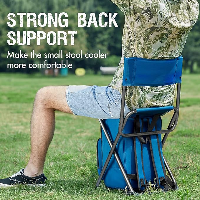 PORTAL Backpack Cooler Chair Fishing Chairs with Backrest Folding Camping Stool Compact for Outdoors Hiking Hunting Travel Supports 225 lbs Capacity