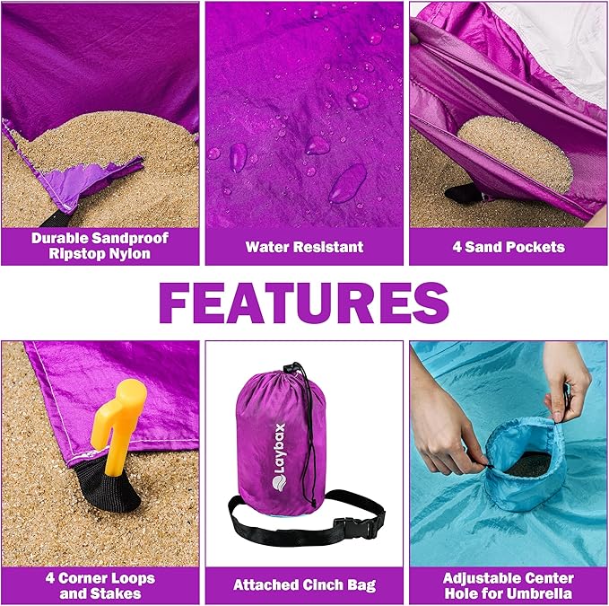 Purple Water-Resistant Sandproof 10x9ft Beach Blanket With Umbrella Hole–Beach Mat Compact and Lightweight Stuff Sack 4 Stakes Sand Pockets Works with Beach Canopies Umbrellas Kids Tent