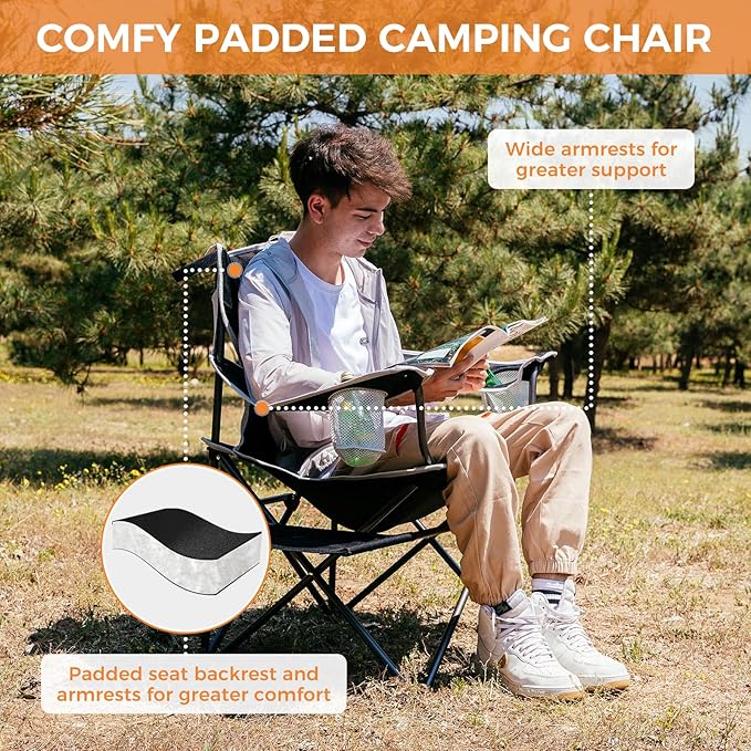 FUNDANGO Folding Padded Camping Chair Portable Outdoor Full Back Lawn Arm Chair with Side Table Cup Holder Side Pocket for Garden Picnic BBQ with Carry Bag Support 300LBS