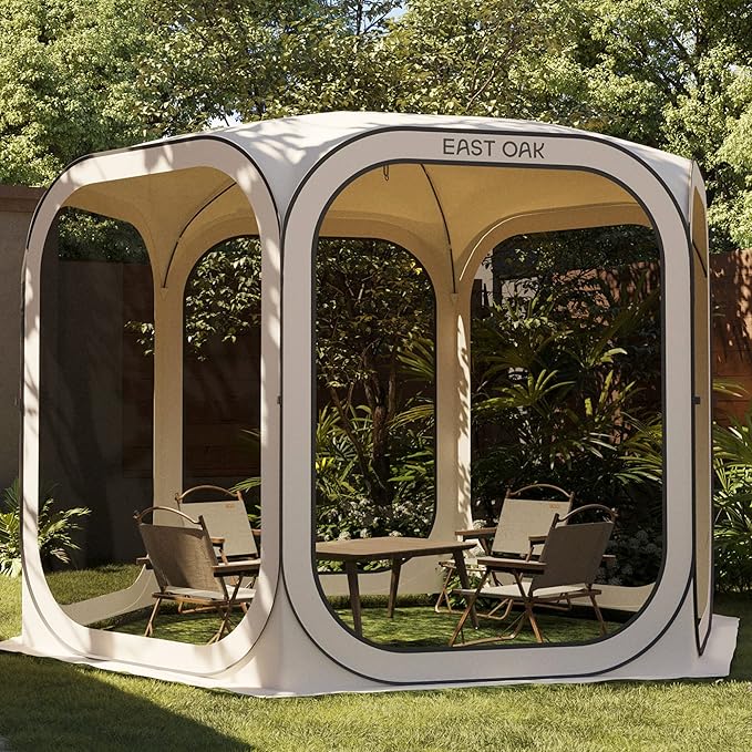 East Oak Screen House Tent Pop-Up Portable Screen Room Canopy Instant Screen Tent 10 x 10 FT with Carry Bag for Patio Backyard Deck &amp Outdoor Activities Beige