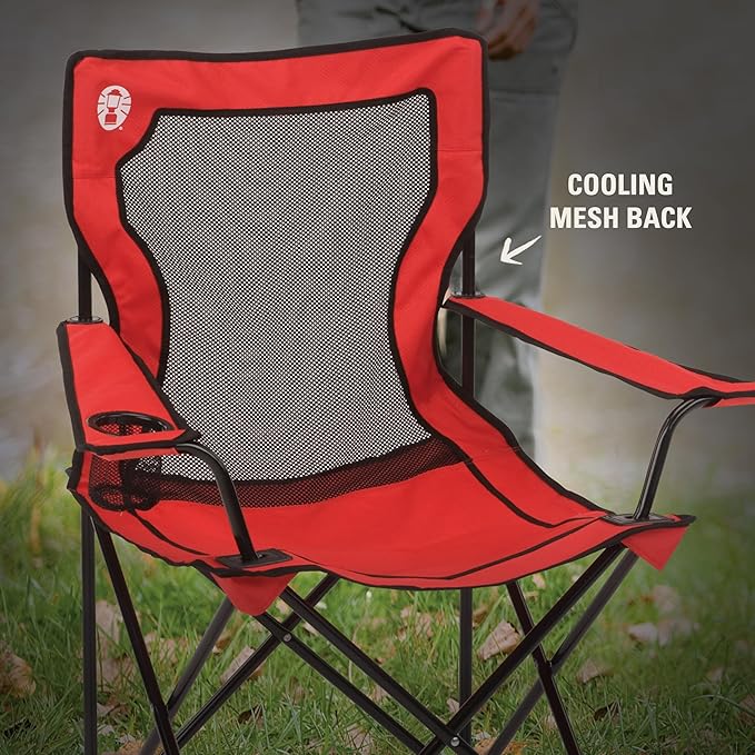 Coleman Broadband Mesh Quad Camping Chair with Carry Bag &amp Cup Holder Cooling Mesh Back with Adjustable Arms Great for Camping Tailgating Firepits Patio &amp More