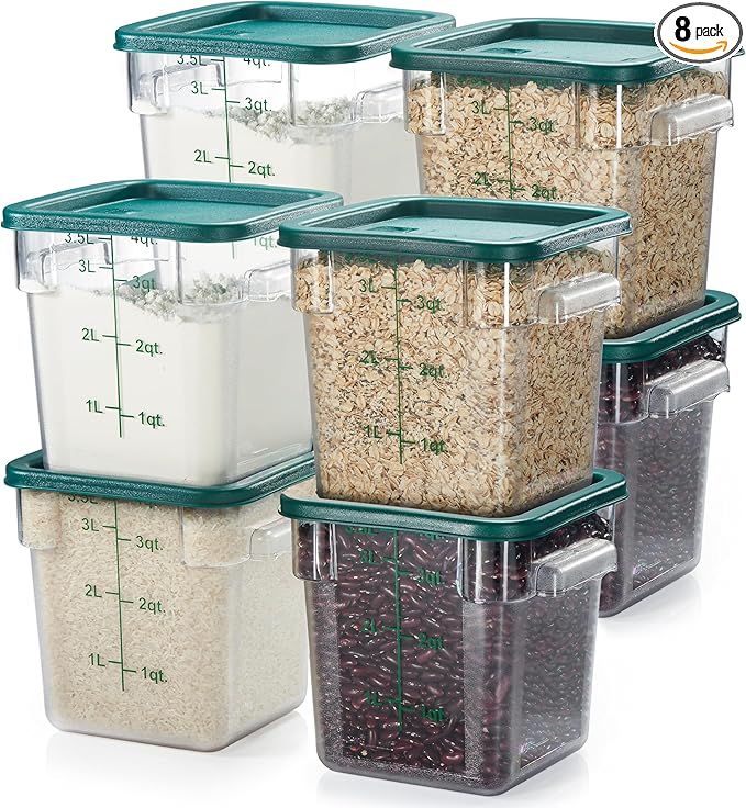 CURTA 8-Pack 4 Qt NSF Clear Polycarbonate Food Storage Containers with Green Lids - Square Commercial-Grade Freezer &amp Dishwasher Safe Stackable